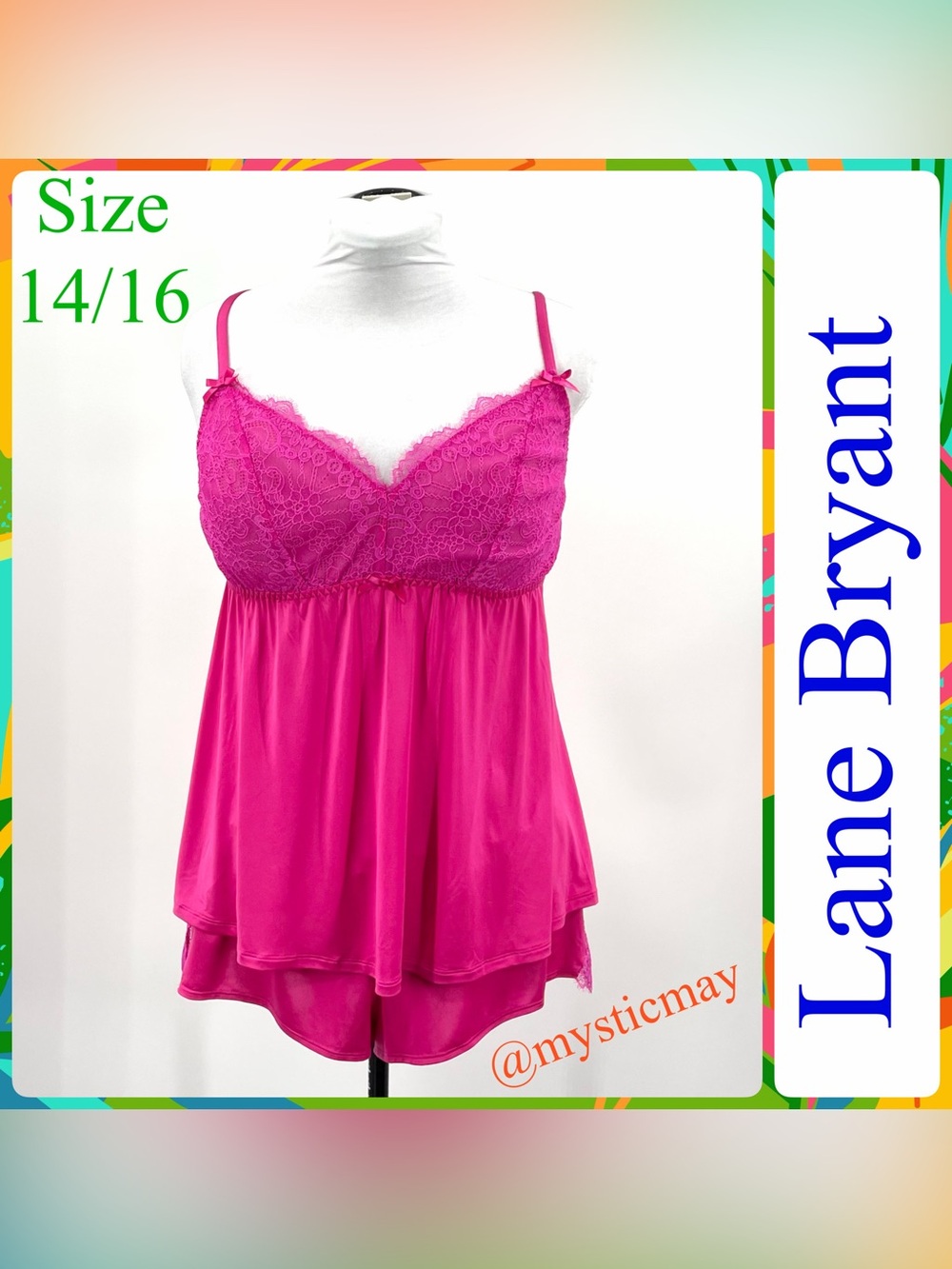 NEW Cacique LANE BRYANT Hot Pink Lace Babydoll Nightie w Panties Set Size 14/16